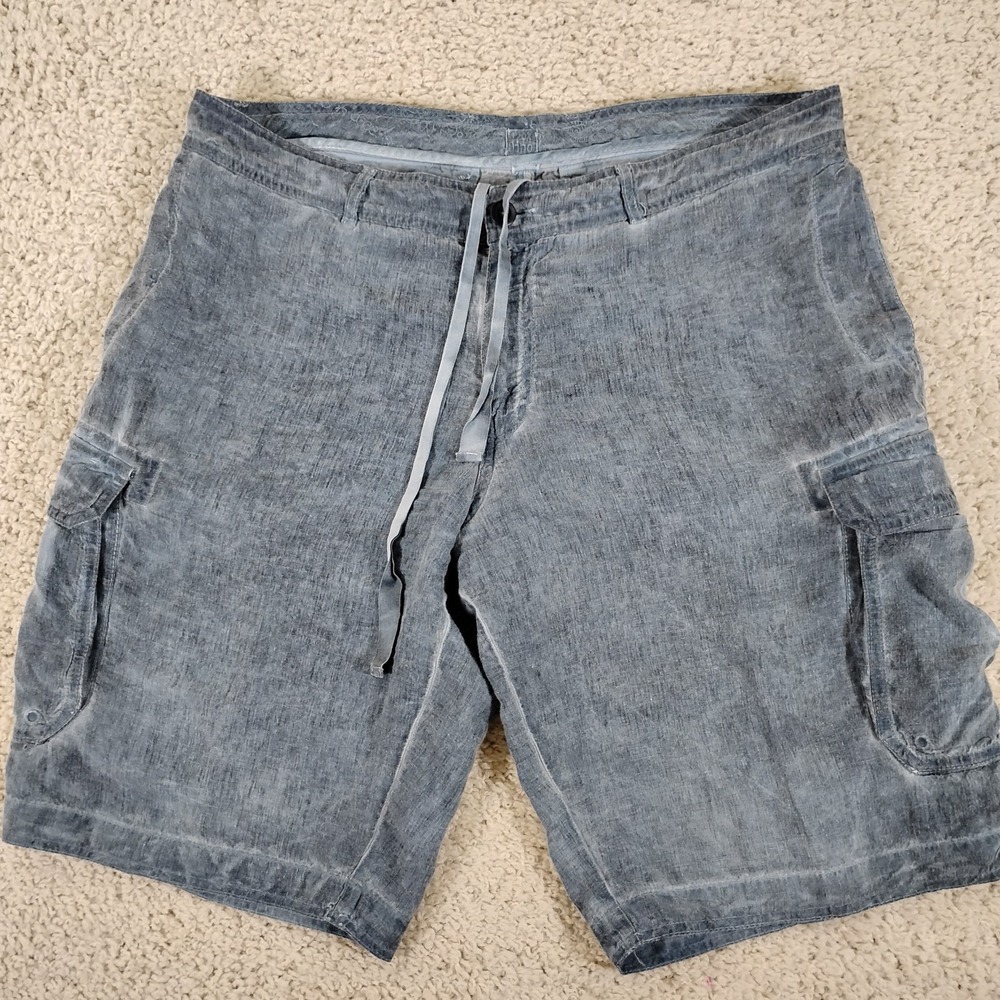 120% Lino Shorts Mens 56 (US 40) Blue Linen Beach Cargo Drawstring Designer